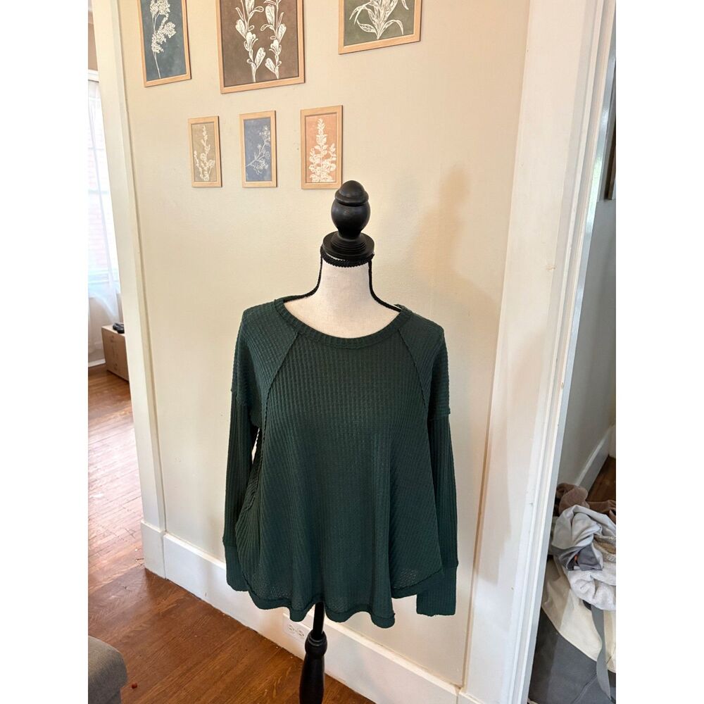 Anthropologie Eri + Ali Waffle Knit Thermal Medium Dark Green Oversized Tunic